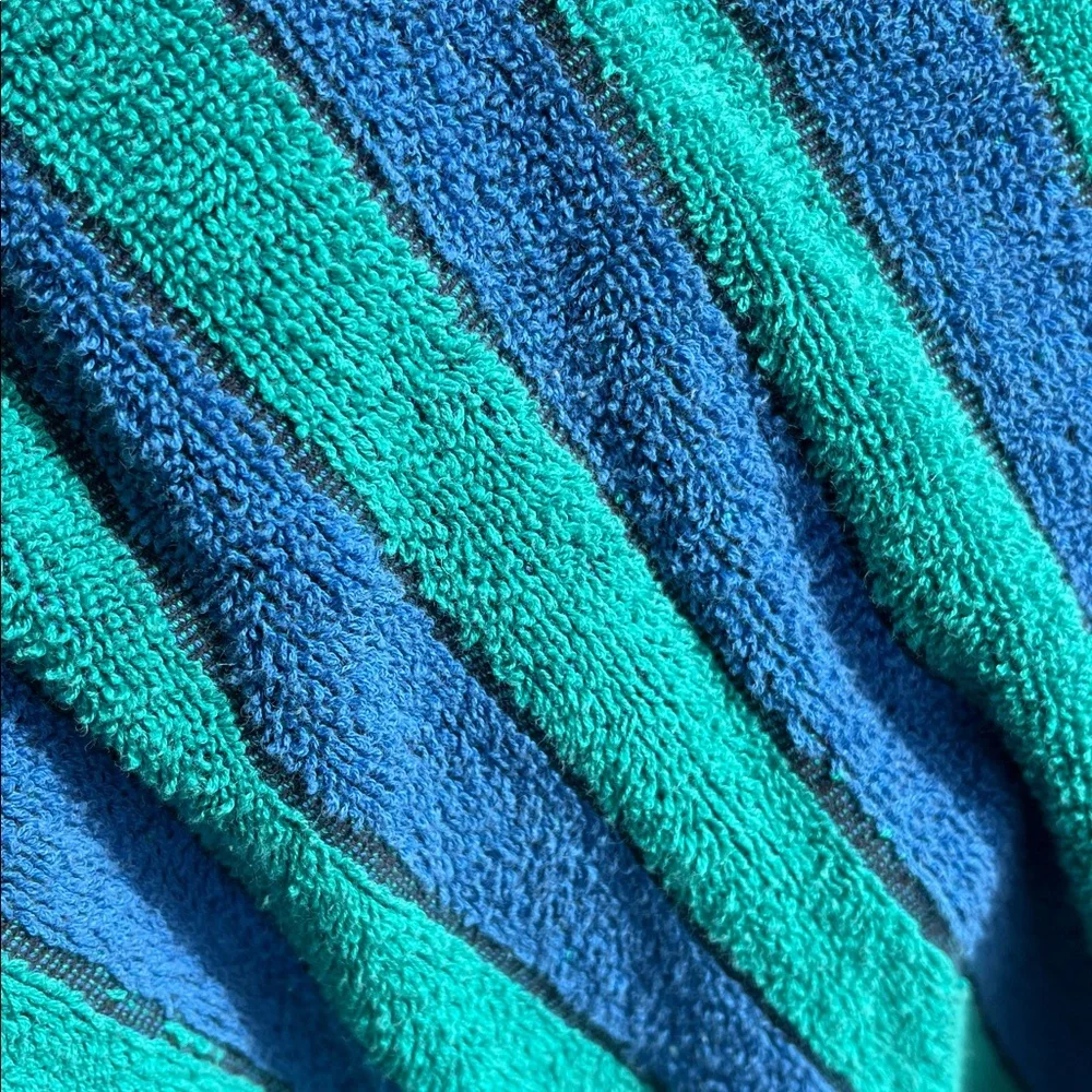 2 Montgomery Ward STYLE HOUSE Green Blue Striped Bath Towels MCM Bathroom *READ*